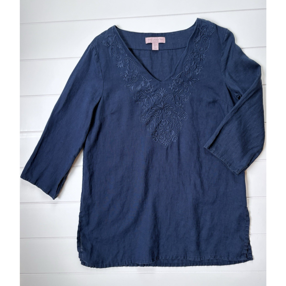 Saint Tropez West 100% Linen Navy Floral Embroidered V-Neck Tunic Top Size Small